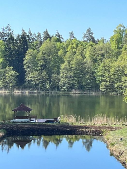 Dom nad jeziorem z jacuzzi ogrodowym .