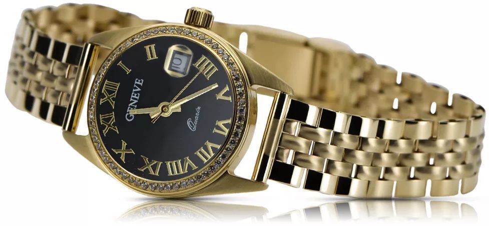 Złoty zegarek damski 14k z czarną tarczą Geneve lw078ydbc&lbw008y G