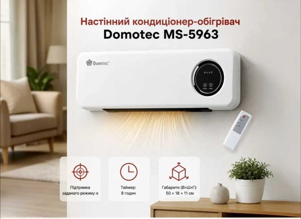 Настінний тепловентилятор-кондиціонер 2 в 1 Domotec MS-5963 2000 Вт Настенный тепловентилятор кондиционер 2 в 1 Domotec MS-5963 2000 Ват