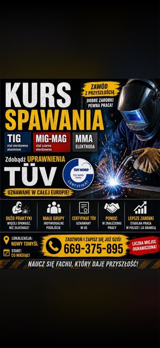 Kurs spawania TIG MIG/MAG MMA + uprawnienia TÜV | Nowy Tomyśl