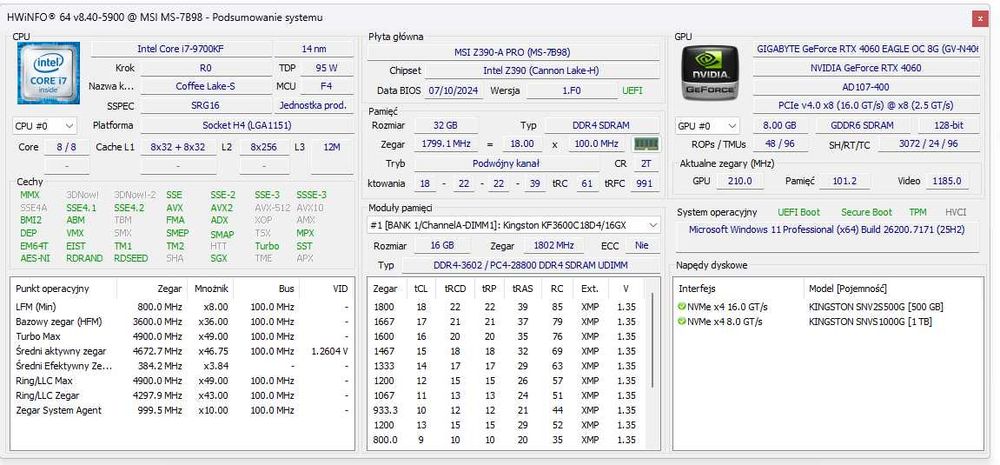 Gamingowy PC i7-9700KF RTX 4060 8GB 32GB RAM SSD 1,5TB WIFI BT