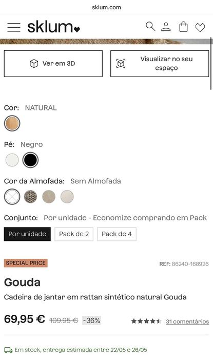 Cadeiras Sklum em rattan sintético. Cor Natural. Pack 2