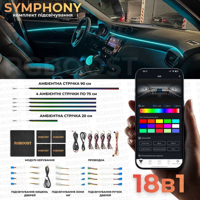 Динамическая 18в1 Контурная Ambient подсветка салона авто Symphony