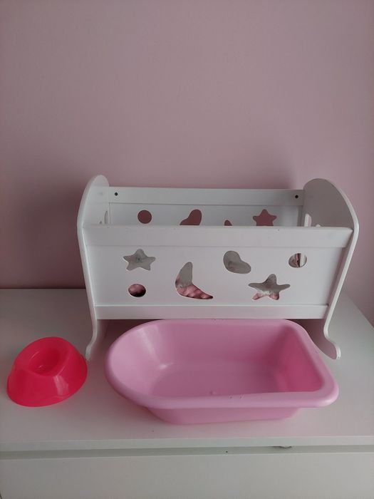 Drewniana biała kołyska łóżeczko na biegunach+ wanienka+ nocnik dla la