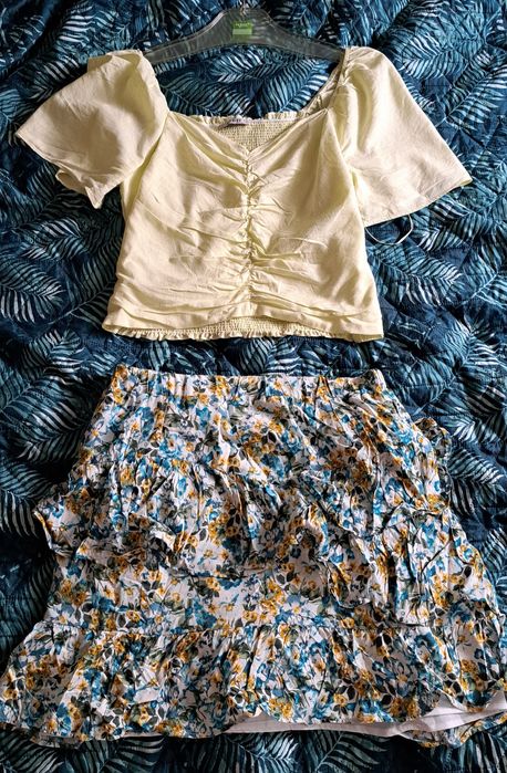 Zestaw bluzka z lnem i spódnica kaskadowa r.38, Orsay