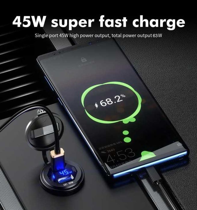 Carregador PD 45W + USB QC3.0 18W 12V / 24V