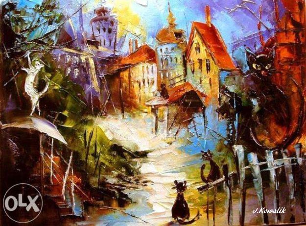 Kowalik - Kocie miasteczko II - 50x40cm Koty Obraz Olejny Abstrakcja