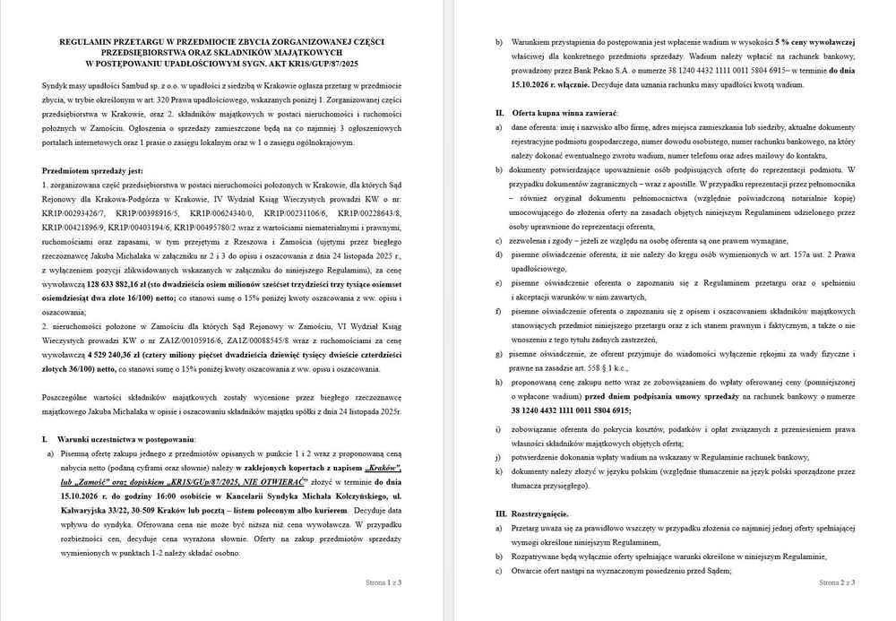 Syndyk masy upadłości ogłasza przetarg na zbycie części przedsiębiorstwa w Zamościu