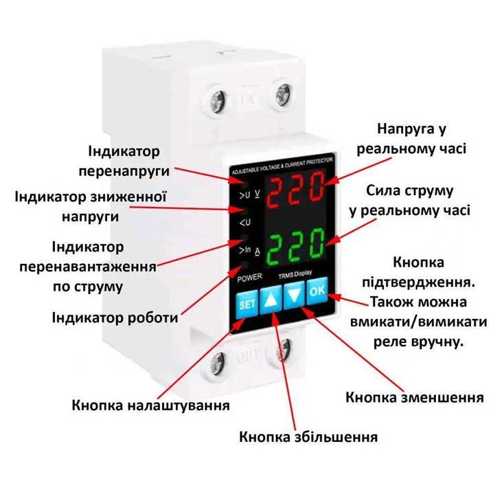 Реле контроля напряжения и тока ЖК-дисплей однофазное 220В, 40А