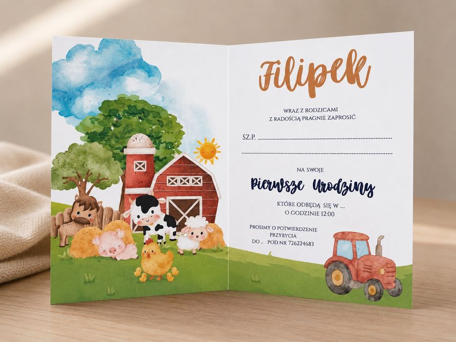 Zaproszenie na Roczek | Urodziny | Personalizowane | Motyw Farma | Składane | Koperta GRATIS