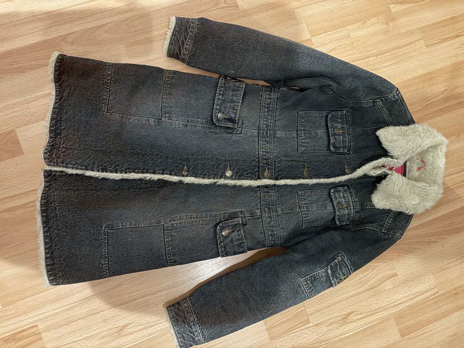 Płaszcz jeansowy z futrem vintage