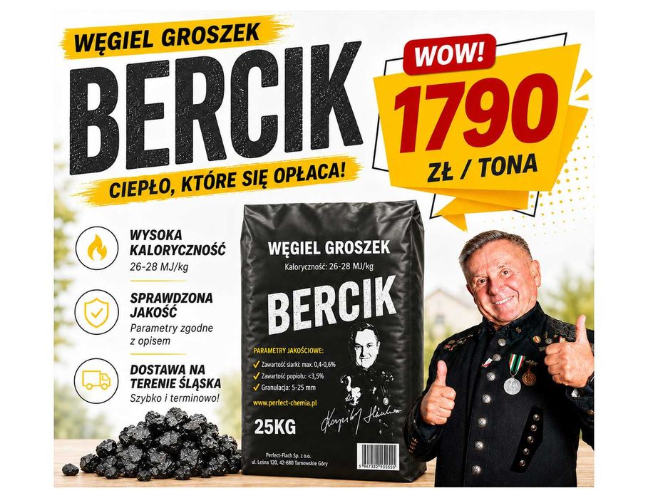 Wysokokaloryczny Polski Węgiel - GROSZEK - BERCIK Worki 25 KG 1 Tona 26/28MJ