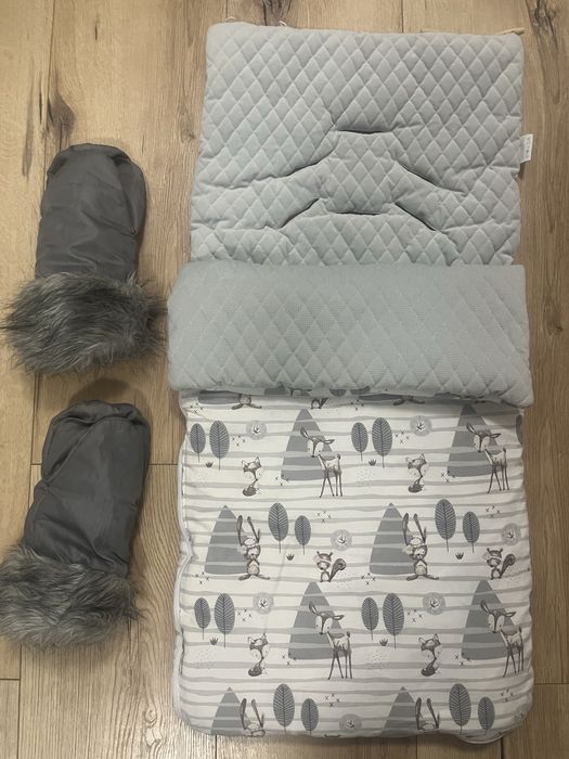 Pakiet zimowy - kombinezony, śpiworek do wózka, mufki