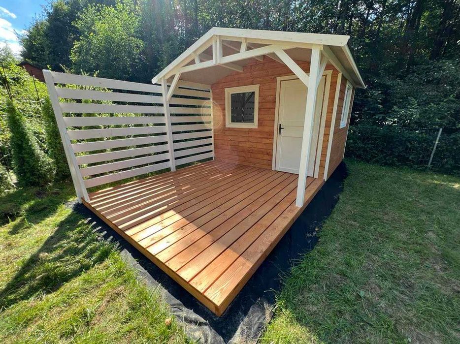 Domek drewniany, ogrodowy, z tarasem,  na działkę ROD, 3x4m z montażem