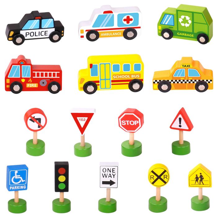 Woopie Green Zestaw drewnianych pojazdów i znaków drogowych