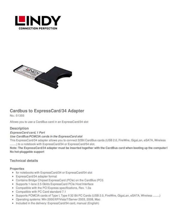 Placa Adaptadora CardBus ExpressCard LINDY