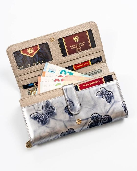 duży, skórzany portfel damski w motylki - peterson