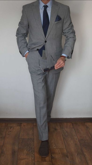Nowy Garnitur Pierre Cardin 50 Modern Fit Wełna Szary Popielaty Krata
