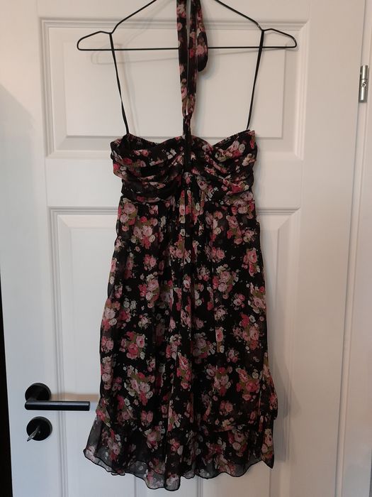 Sukienka letnia w kwiaty floral czarna różowa M  38 kwiatki