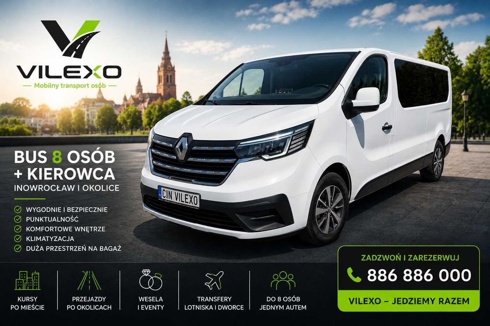 Taxi 8 osób z kierowcą Inowrocław Przewóz osób, imprezy, wesela, lotniska, eventy, transfery