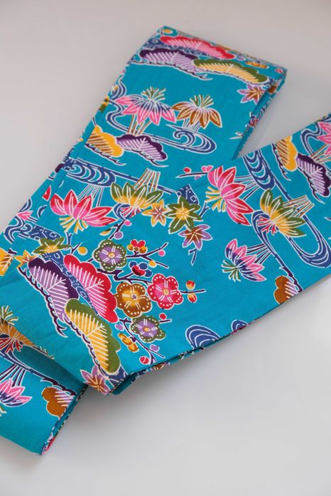 Japoński pas hanhaba obi do yukaty z Okinawy kwiaty niebieski bawełna