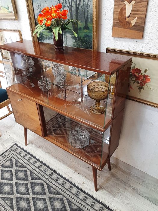 Komoda/Witryna vintage z grawerowanymi szybami | lata 50/60 | oryginał