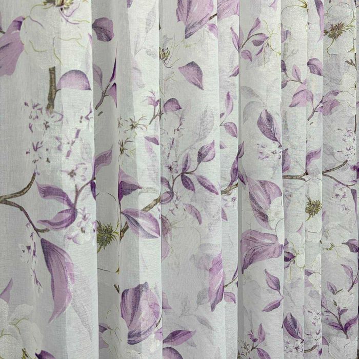 Тюль Magnolia з бузково-фіолетовим листям готовий батист під льон 150–600 см (YH85-16)