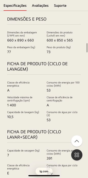 Máquina de lavar e secar LG ThinQ na cor preto