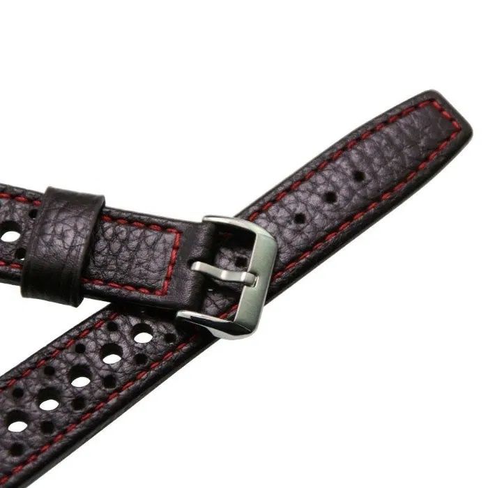 Bracelete Pele Preta Pespontos Vermelho 22mm Cauny Tissot Omega Seiko