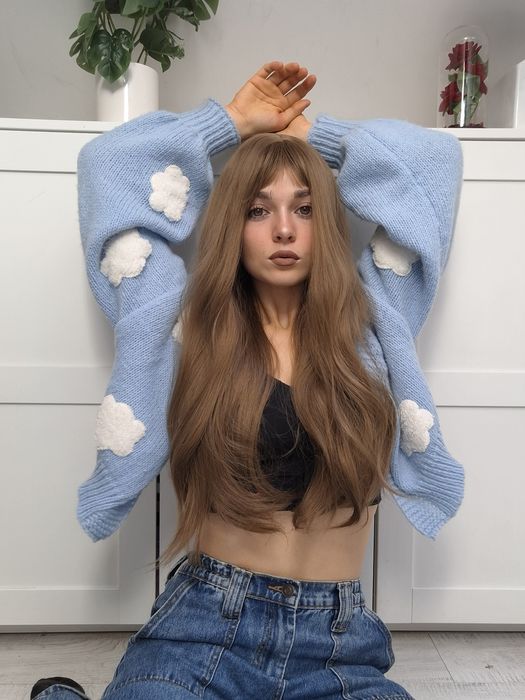 Brązowa długa peruka z grzywką jasny brąz ciemny blond wig