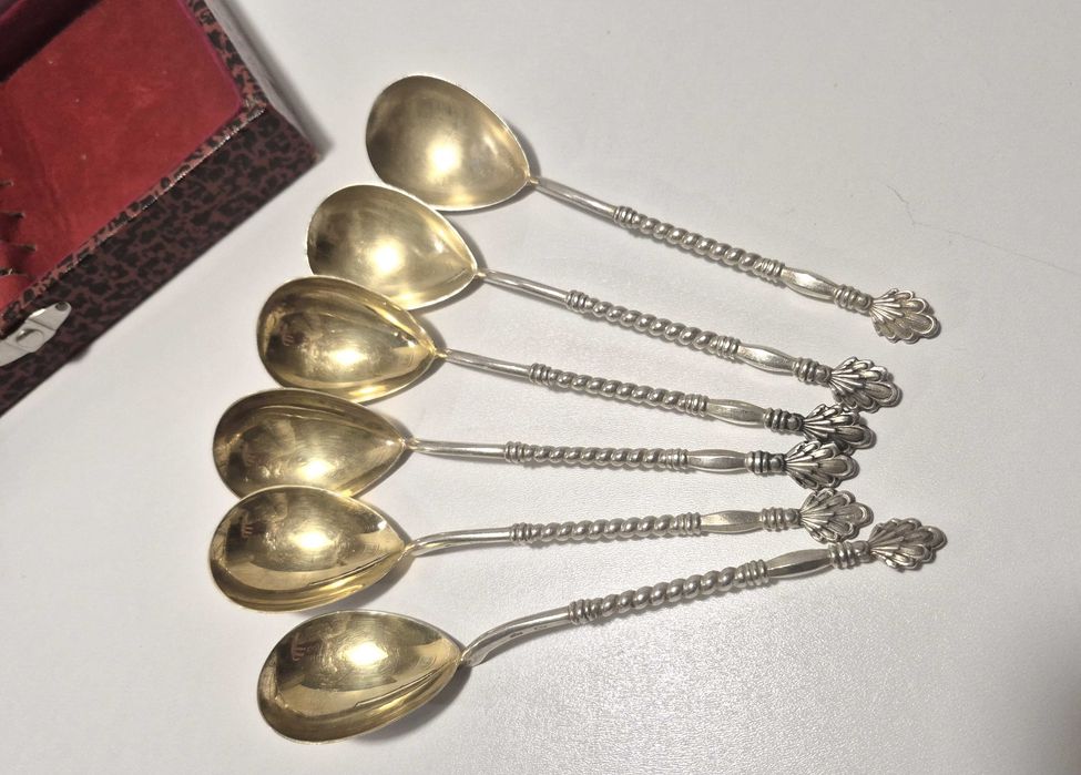 Набор винтажных чайных ложечек, серебро с позолотой 875 пробы, 6 штук