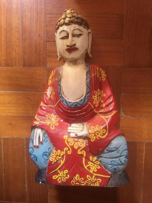 Estátua de Buda em madeira pintada à mão - 45 cm