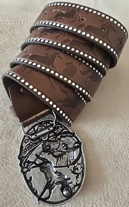 Pasek skórzany jeździecki myśliwski brązowy Mustang KOŃ Arabski 120cm.