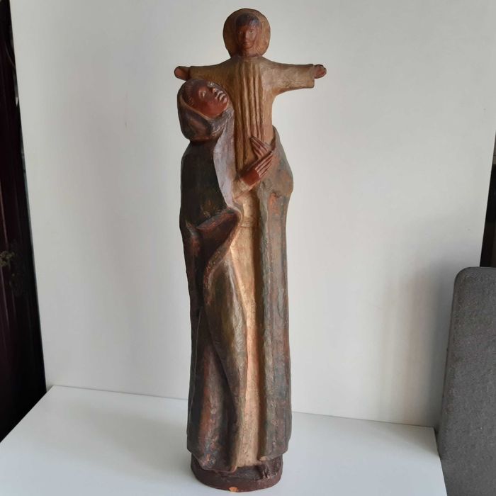 Antiga Grande Escultura Barro Cristo Redentor elevado por Maria