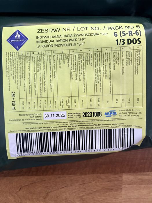 2x Indywidualna Racja Żywnościowa S-R-6 wojskowa 1/3 DOS