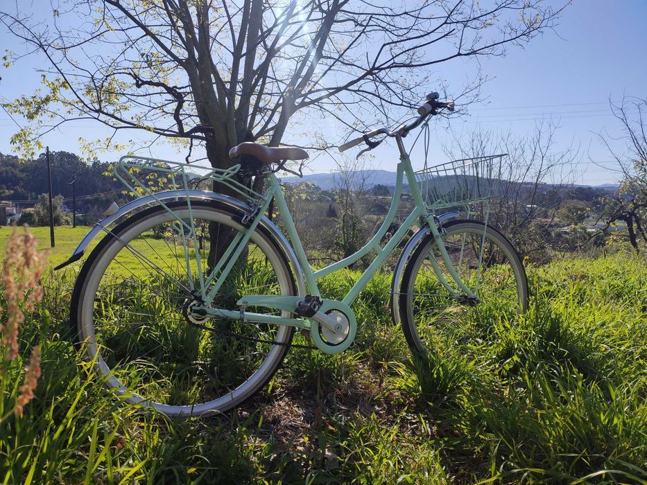 Bicicleta pasteleira nova, verde àgua com cesta