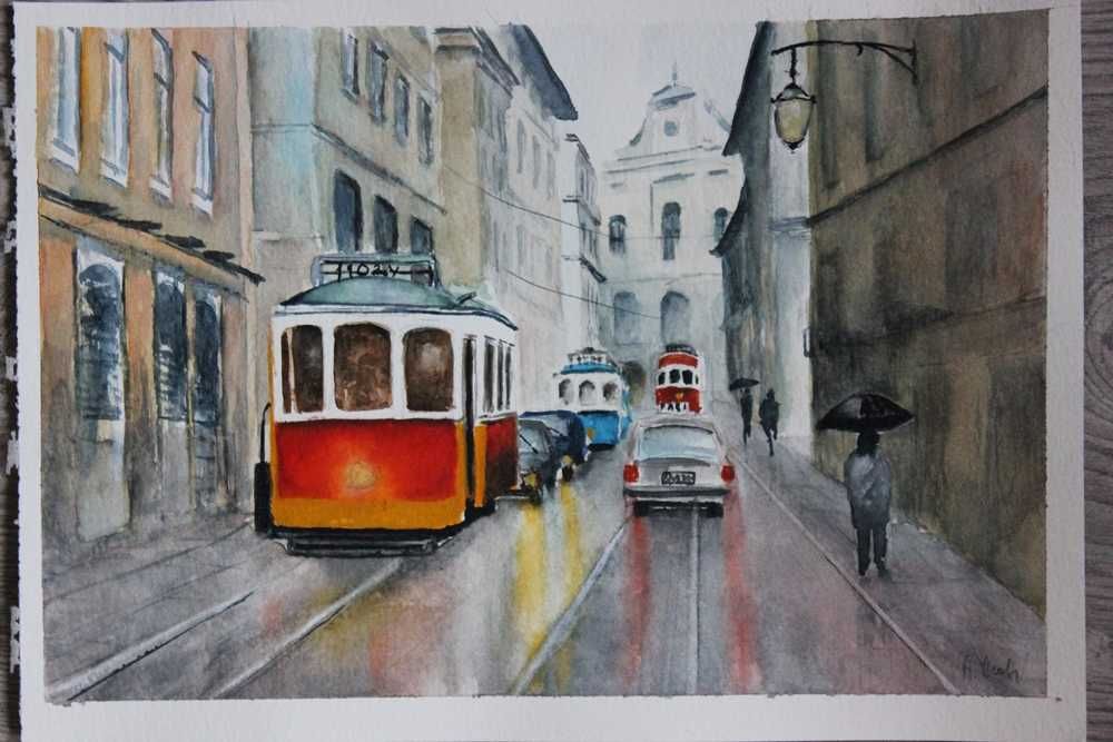 obraz akwarela -tramwaj