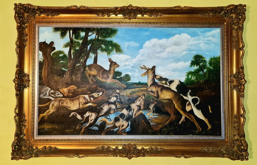 Obraz  olejny.  "POLOWANIE" (121,5 x 81,5 cm)