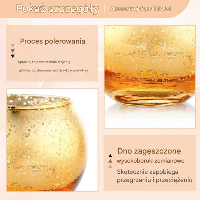 Świecznik Lampion Kula ze Szkła Złoty Dekoracja Stołu Boho 3 SZT