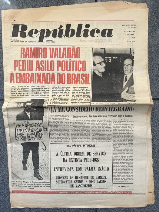 JORNAL HISTÓRICO 25 ABRIL - A República 03 Maio 1974 - Ramiro Valadão - RTP - Foge para o Brasil