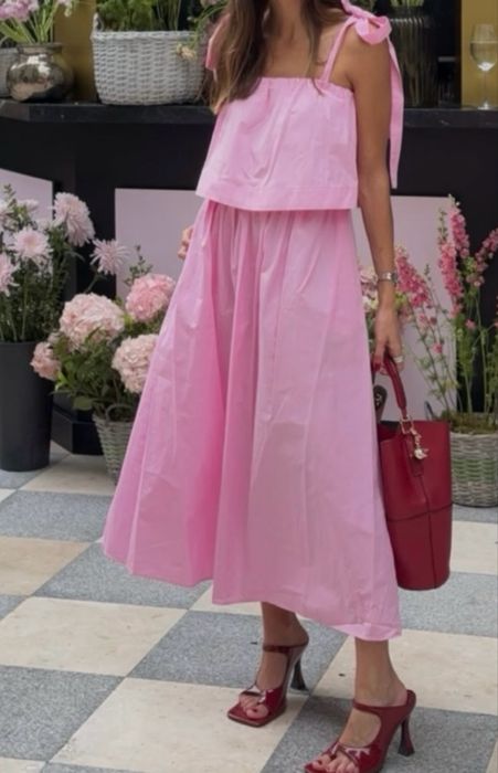 ZARA różowa sukienka midi z wiązanymi ramiączkami M 38 Barbie viral insta hit