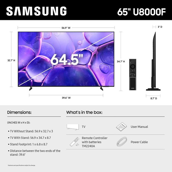 TV New 2025 Samsung UE65U8000F UltraHD 4K SmartTV Wi-FI 5GHz. OS Tizen