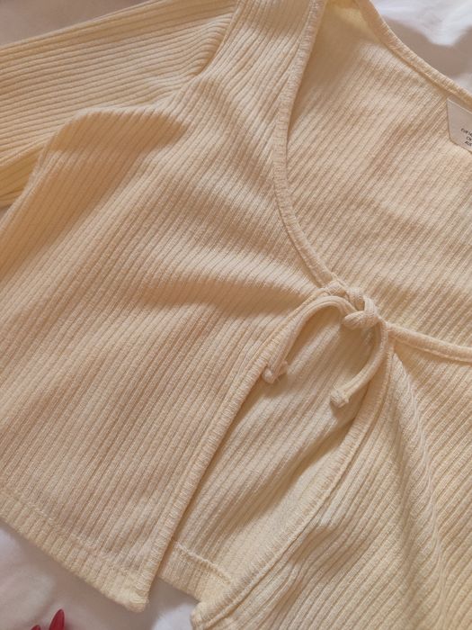 Кардиган H&M лимонний віскоза XS-S-M укорочений з зав'язками