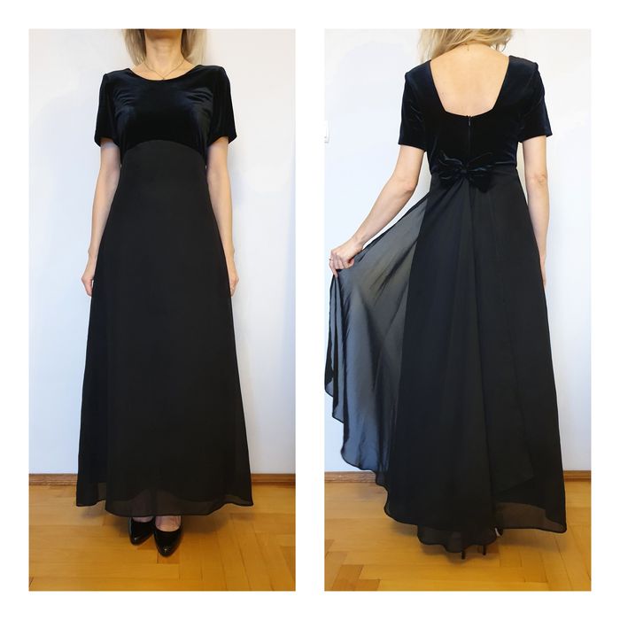 Elegancka długa wieczorowa sukienka z małym trenem z kokardą