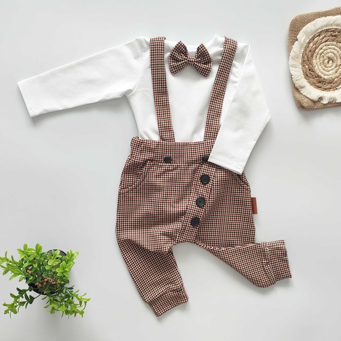 Elegancki KOMPLET chłopięcy, modny GARNITUR bordo beż mucha szelki 92