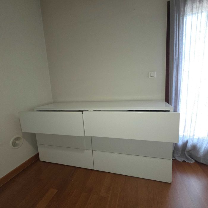 Cómoda Branca, 6 gavetas 180X54X83 + Mesa cabeceira branca 60x44x46