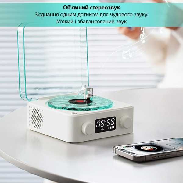 Портативна бездротова колонка Bluetooth у вигляді вінілового програвача грамофона з годинником та нічником