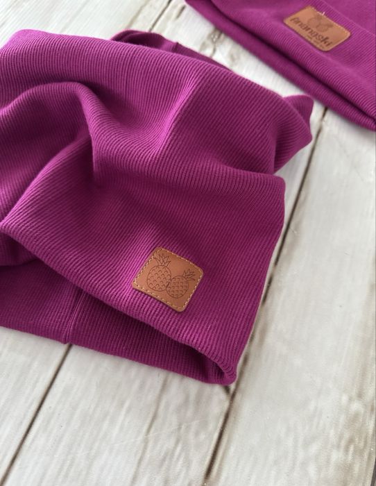 Komplet jesienny z dzianiny prążkowanej czapka + komin