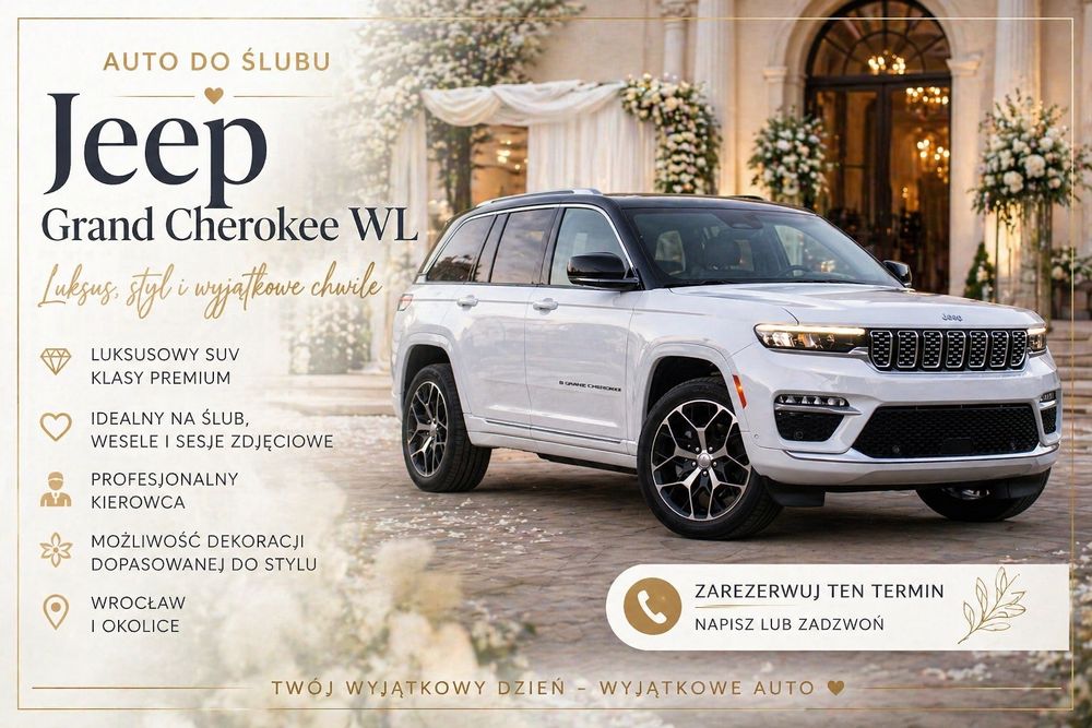 Auto do ślubu – biały Jeep Grand Cherokee WL | Luksus + efekt WOW | Wrocław