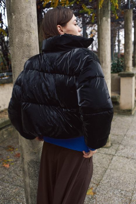 Жіночий блискучий вкорочений пуховик пуфер xs s m l xl чорний бежевий